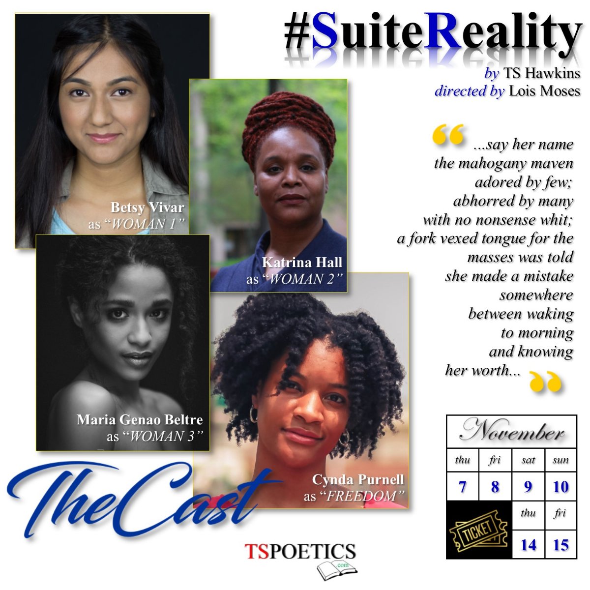 TS_Hawkins's tweet photo. #MeetTheCast of the upcoming appearance of #SuiteReality by TS Hawkins under the direction of Lois Moses! Betsy Vivar, Katrina Hall, Maria Beltre, and Cynda Purnell! For more information, visit https://t.co/L1EgPyRADZ https://t.co/vZR1TOkflN