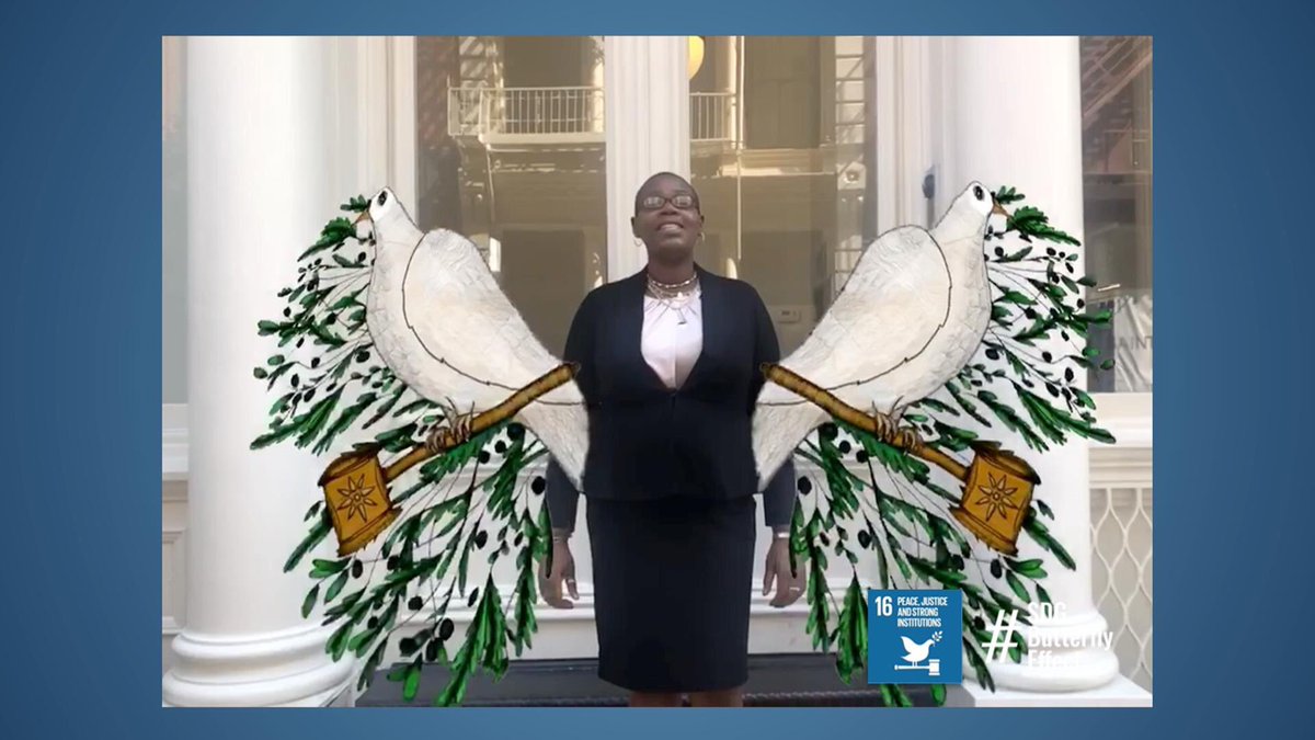 GrassrootsJN's tweet photo. @jhody_polk member of the global legal empowerment network sporting the #SDG16 wings as part of the #SDGButterflyEffect to inspire citizens to take action to advance #Justiceforall and transform our world! at the Decade of Action reception for the #SDG16+ #PathfinderCountries https://t.co/nlP6HdacOD