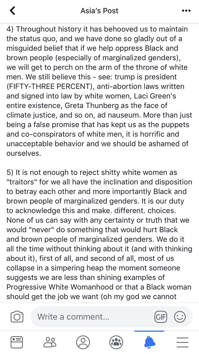 TheysiaMock's tweet photo. Every single white woman/non-man needs to read this. Every. Single. One. #soyoucallyourselfafeminist #readit #importantcontent #ucanchoosetonotbeapieceofshit https://t.co/NK4BK1aT4E