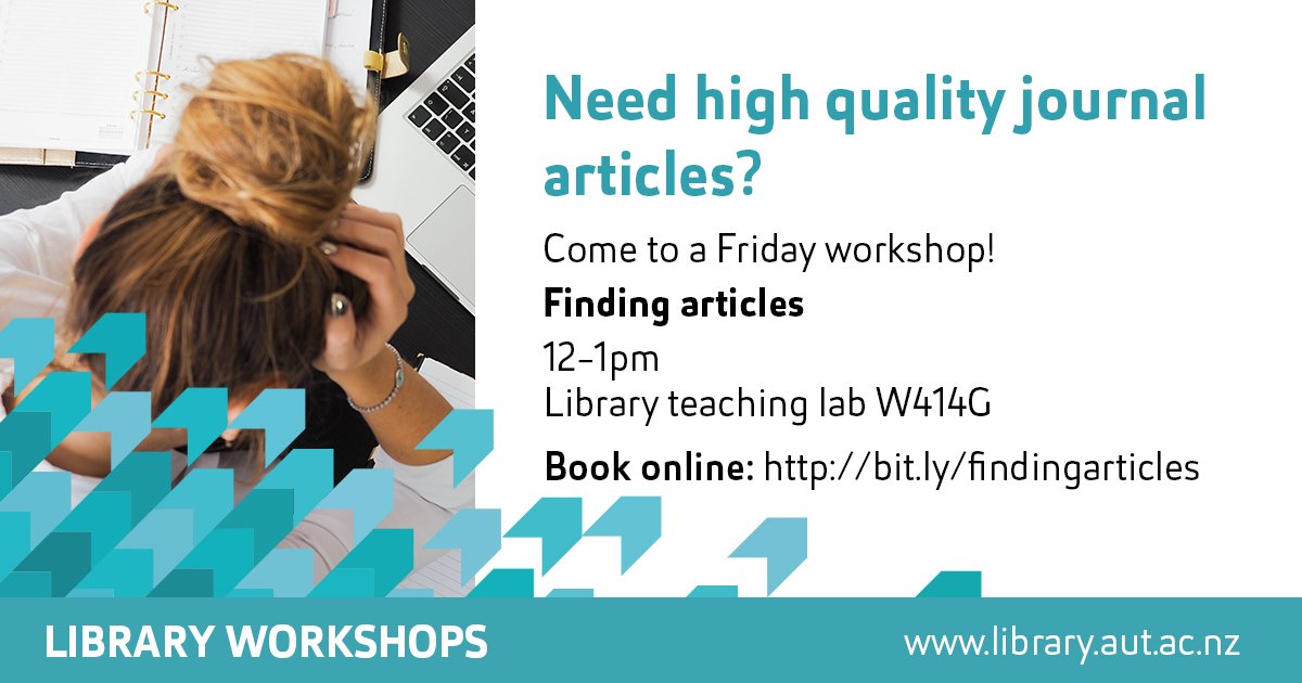 aut_library's tweet photo. Struggling to find relevant articles for your assignment or research?
Come along to this workshop with our subject librarians to learn how to efficiently search through various databases!
Book: https://t.co/5aQNwzorTi
#autuni #greatgraduates https://t.co/1Wtaz1EKOz