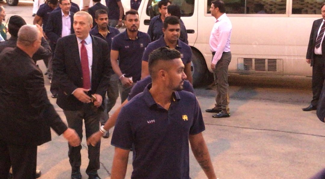 Sports360Now's tweet photo. #Cricket:
#SriLanka 🇱🇰 Cricket team landed in #Karachchi for the #PAKvSL ODI &amp; T20I series which will begin on Friday (27). Former Airforce Commander Roshan Gunatilake has been assigned as the security adviser for the team. 
#SLvPAK https://t.co/zfS0acAvWA