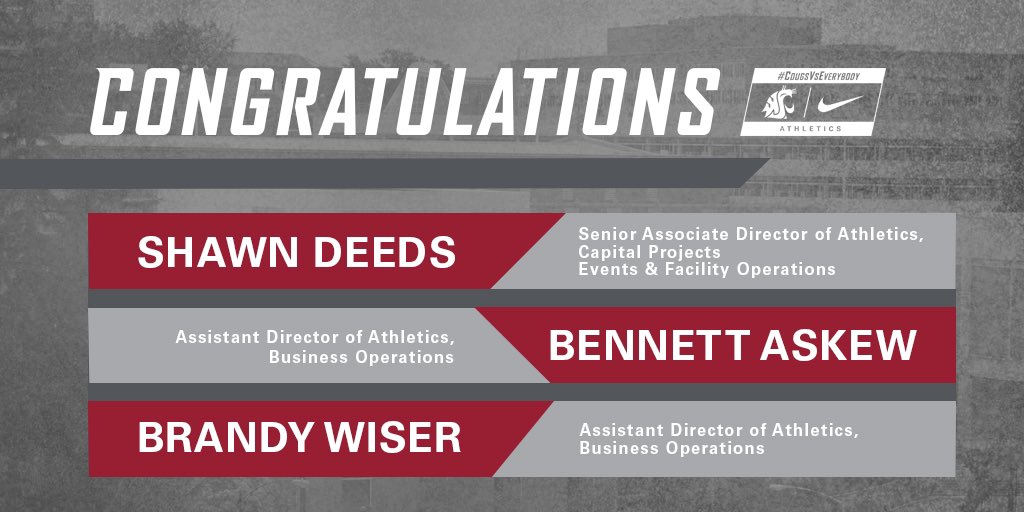 WSUCougars's tweet photo. Excited to welcome Todd Barbour and Zach Margolis to the Cougar Athletics family! 

We also want to congratulate Shawn Deeds, Bennett Askew, and Brandy Wiser for being elevated within the department! 

Read more here: https://t.co/xqJhMz01tg

#GoCougs | #UnleashWSU https://t.co/paczeWQrWk
