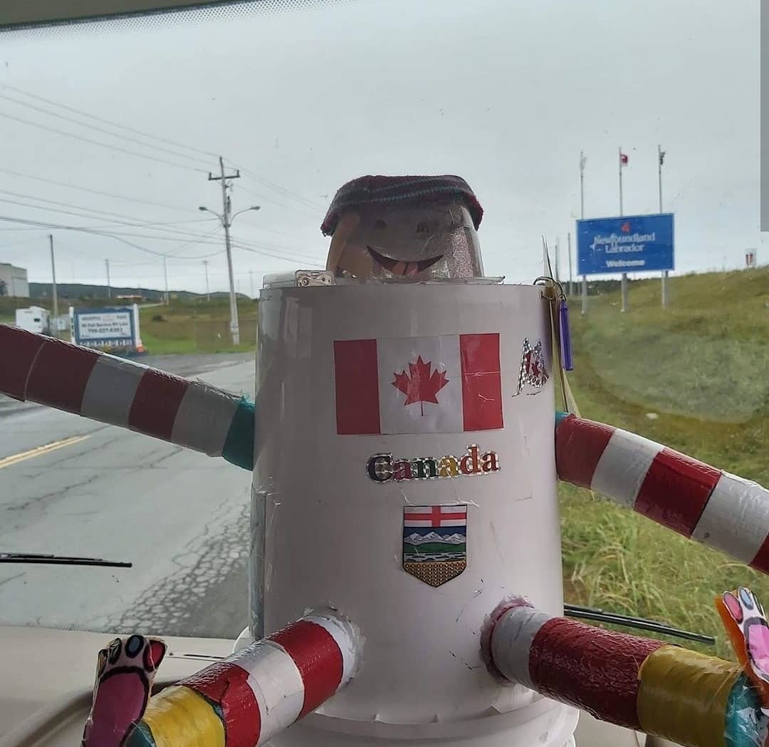 HitchbotWoods's tweet photo. Look who made it to Newfoundland and Labrador!!! Butter Shrimp.  We went from here.... to here... to here! 

#ultimateCanadianadventure #identity #yyc #identity https://t.co/ZQXPgMJdEh