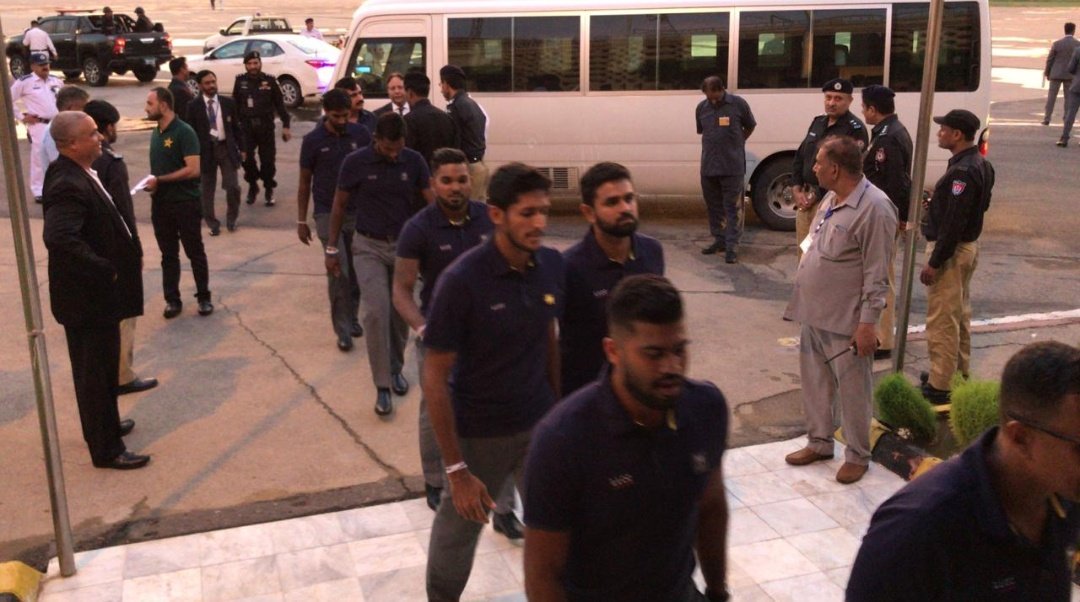 Sports360Now's tweet photo. #Cricket:
#SriLanka 🇱🇰 Cricket team landed in #Karachchi for the #PAKvSL ODI &amp; T20I series which will begin on Friday (27). Former Airforce Commander Roshan Gunatilake has been assigned as the security adviser for the team. 
#SLvPAK https://t.co/zfS0acAvWA
