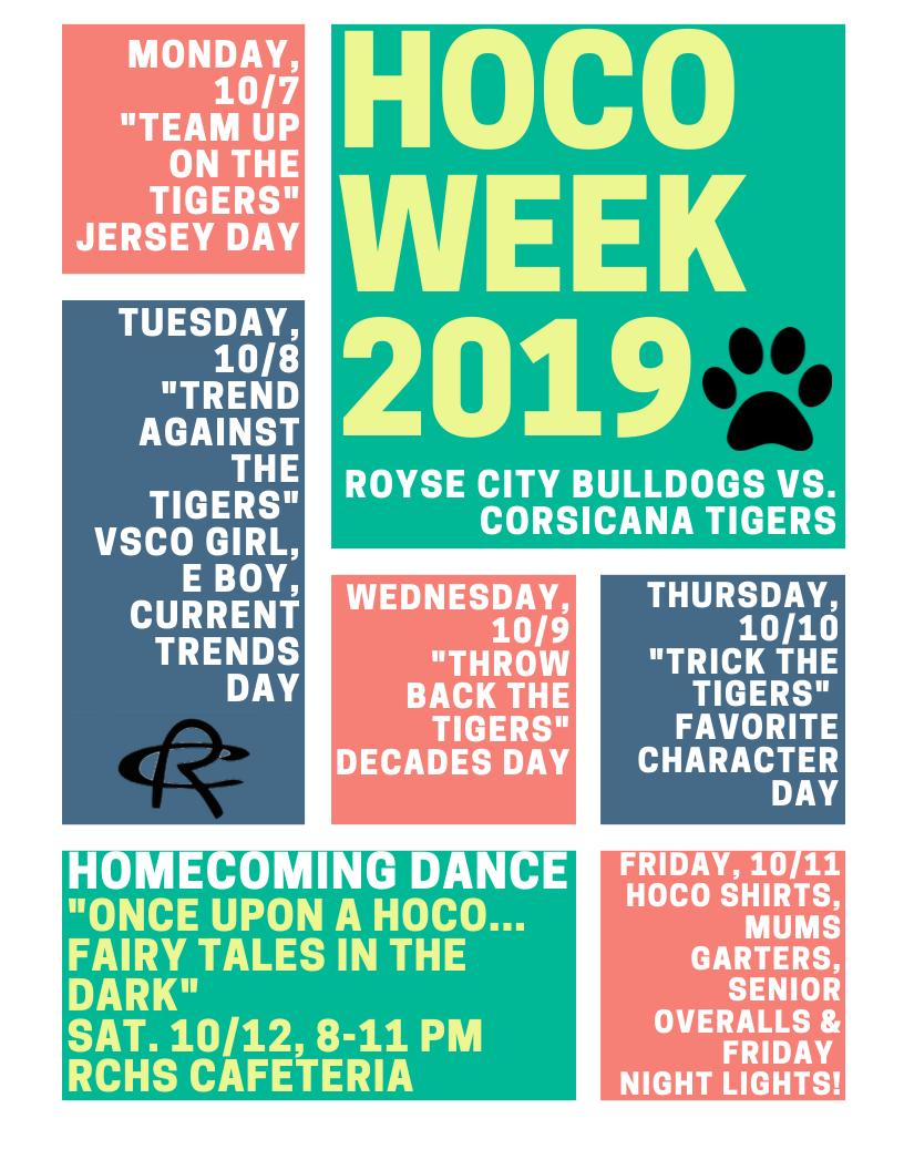 Hoco is on the horizon! For the planner types, here are the theme days! You voted and these are the outcomes! #oneRC #notigersallowed #bulldogtraditions <a href="/RoyseCityHS/">Royse City HS</a> <a href="/RoyseCityISD/">Royse City ISD</a>