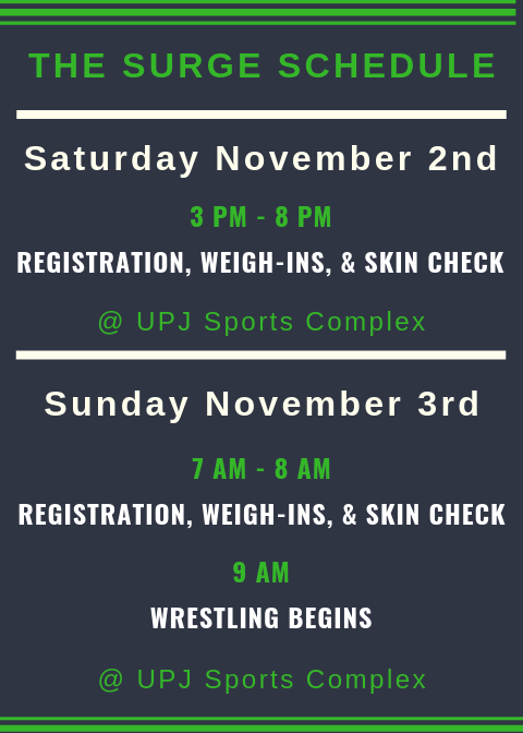 The Surge⚡️Schedule Has Been Set!

Time to come #ProveIt 🔨

📆Weigh In Saturday from 3 - 8 or Sunday 7-8
⏰Wrestling Starts - Sunday 9 AM

Register Now ➡️ events.flowrestling.org/event/8a04851e…