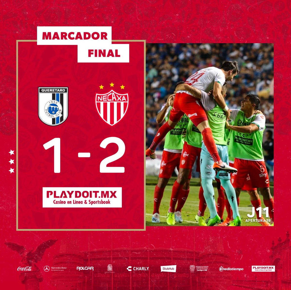 ClubNecaxa's tweet photo. 95'⏱| #QROvsNEC | #LigaBBVAMX | 1-2 | ¡Terminó el encuentro! Gran triunfo de los Rayos y nos llevamos los tres puntos a Aguascalientes.

#FuerzaRayos ⚡
@playdoitmexico https://t.co/9buanbRKoV