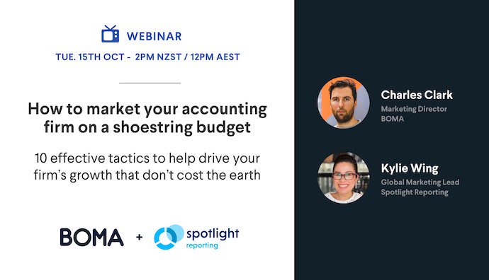 Boma_Marketing's tweet photo. Join us at 12pm AEST / 2pm NZST on Tuesday, 15th October for 10 effective marketing tactics to help nurture clients and drive growth in your #Accounting and #Bookkeeping firm.
Register here: https://t.co/FTuxsZnEX3
#bomamarketing #spotlightrep #webinar #marketing https://t.co/NXNxvMd1AM