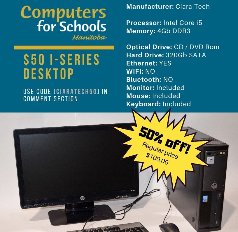 C4SMB's tweet image. Our i-Series desktop sale is still on! Ciara Tech i5 desktops are available for only $50. Find out if you are eligible to apply at c4smb.ca/are_you_eligib…. #lowcostcomputer #affordabletchnology #i5desktop
