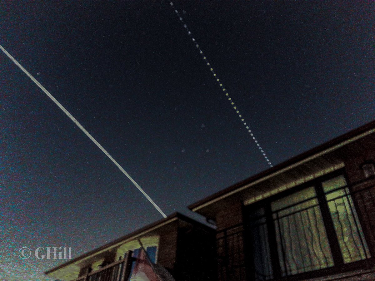 Revgav1976's tweet image. ISS &amp;amp; airplane pass over my house tonight. Taken on my #iPhone with the #sharpcap app #ISS #nasa