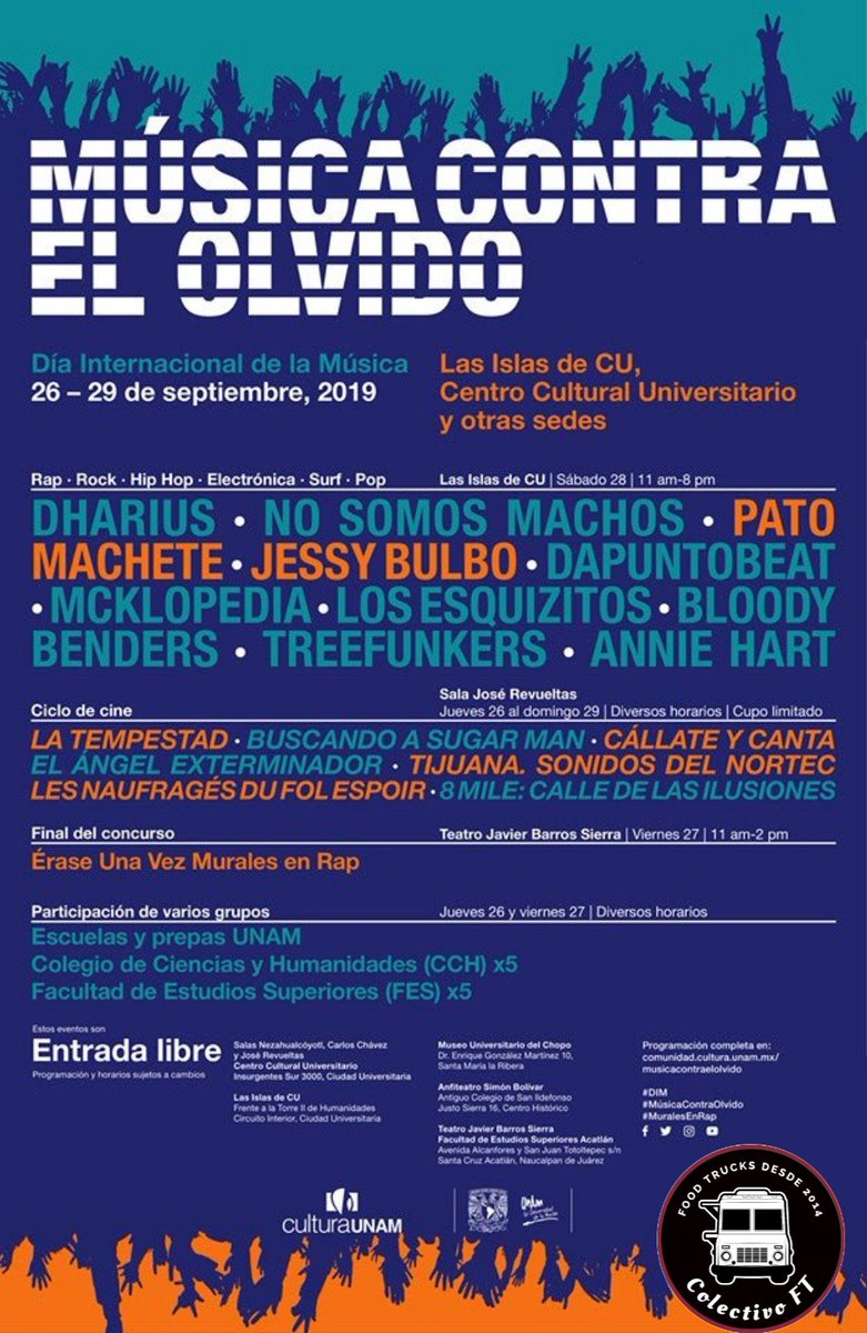 ¿Te gusta el Rock, Rap, Hip Hop, Surf Pop y la Música electrónica? no te puedes perder este sábado en las Islas en C.U. el concierto "MÚSICA CONTRA EL OLVIDO"
¡No te olvides pasar por la zona de Food Trucks! #ColectivoFt #FoodPorn #UNAM  #FoodTrucks
👇 Acá te dejamos el Cartel.