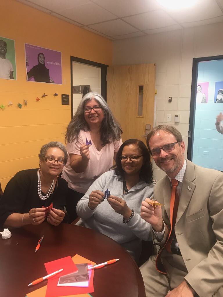 WPCHWCenter's tweet photo. Celebrating the grand opening of the Center for Diversity & Inclusion & Black Cultural Center today. We also began our project of creating cranes for suicide prevention. Here is @liz_wpu with our Provost & WP staff with their cranes. #collegehealth #SuicidePrevention #wpUmatter https://t.co/XgbSUFu21a