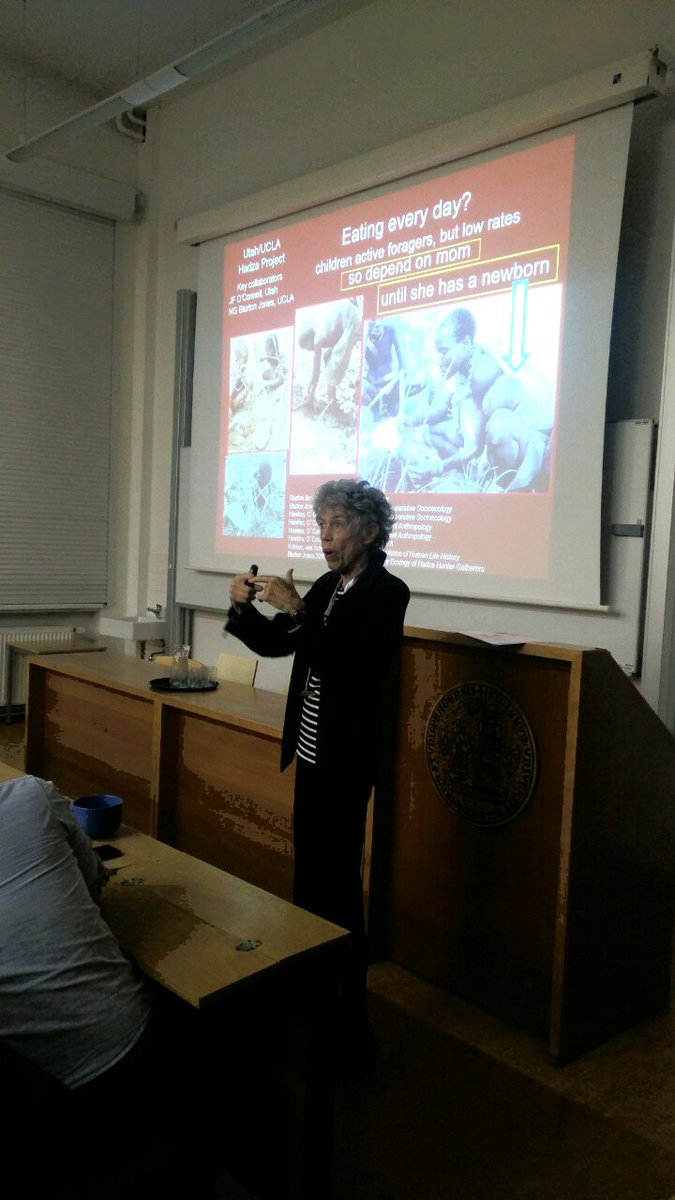 ptnce2019's tweet photo. Wonderful key note talk by Kristen Hawkes! Grandmother hypothesis might account for the evolution of human post-menopausal longevity, later maturity, and shorter birth intervals compared to our closest living evolutionary cousins, the great apes. #ptnce2019 @ptnce https://t.co/hosYFib5HX