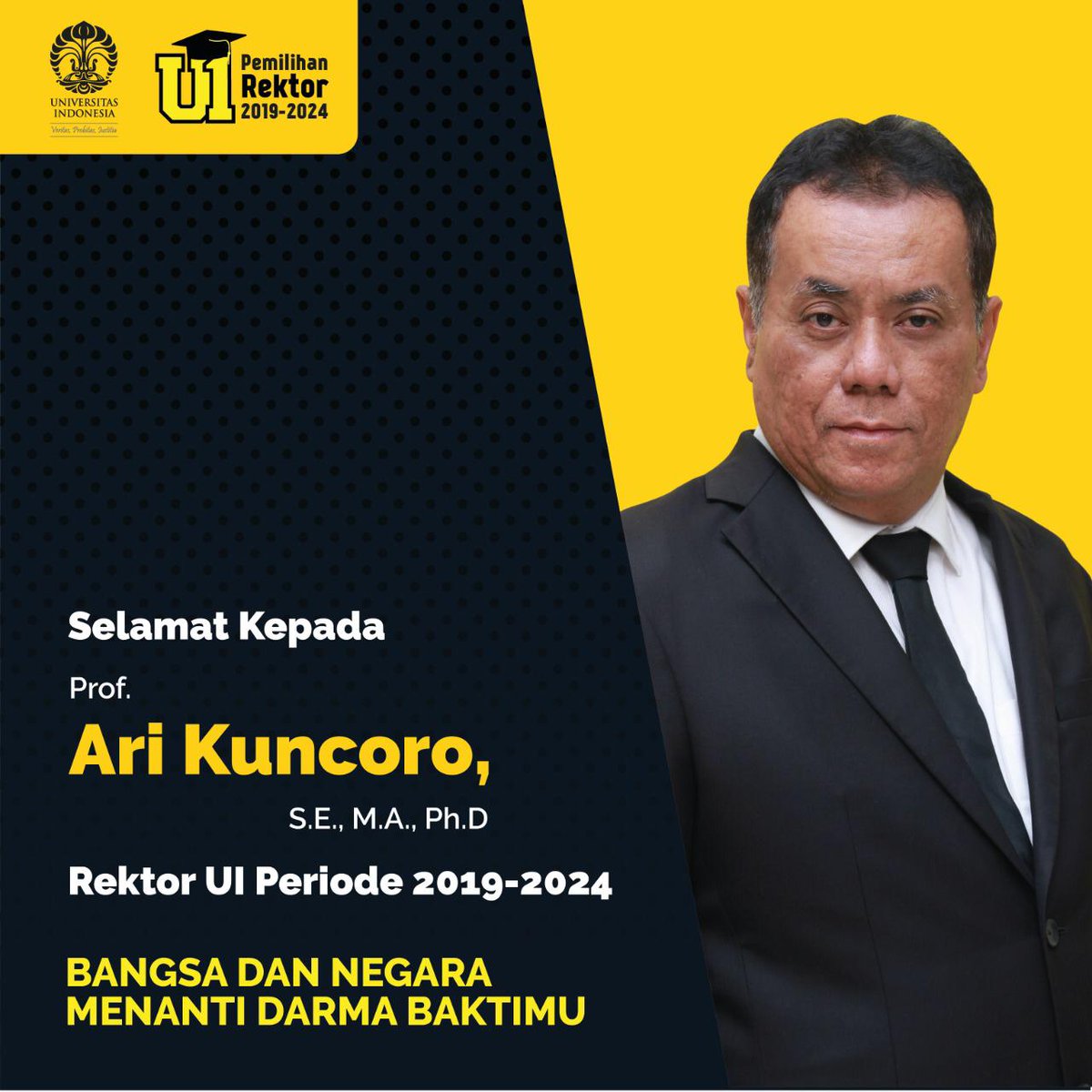 ui_mwa's tweet photo. Selamat kepada Prof. Ari Kuncoro, S.E., M.A., Ph.D yang telah terpilih sebagai Rektor UI periode 2019 - 2024 🎉
Semoga dapat menjalankan tugas dan amanah untuk UI lebih baik.
Bangsa dan Negara Menanti Darma Baktimu.
#universitasindonesia
#RektorUI
#UImencariRektor
#MWAUI https://t.co/0EnbMjIoHV