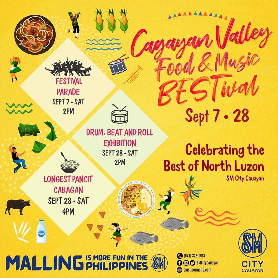 smcitycauayan's tweet photo. Enjoy Isabela’s BEST at the Cagayan Valley BESTival on Sep 28! Let’s start the festivities with Drum, Beat & Roll Exhibition Parade then come join the feast for the Longest Pancit Cabagan. #MallingIsMoreFunInThePhilippines #ComeToSMSupermalls #EverythingsHereAtSM https://t.co/4BTwfpk71S