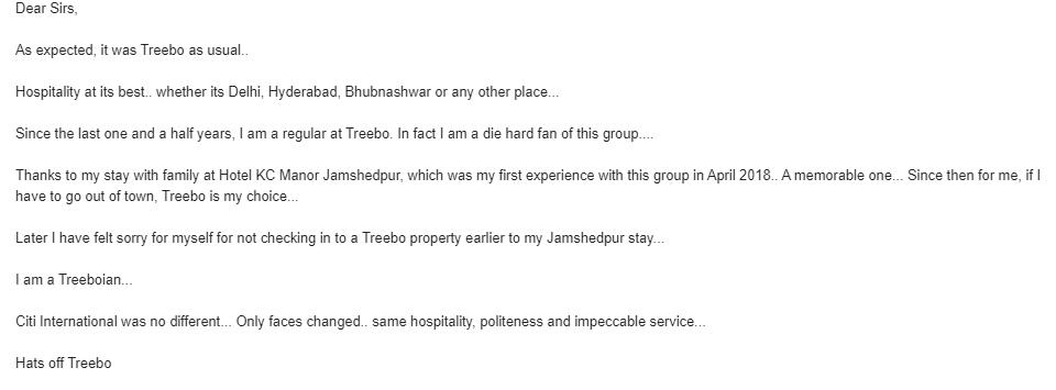 sidtreebo's tweet photo. Such customer feedbacks are so powerful in shutting out the noise and reaffirming your faith in fundamentals. It's all about delivering good experiences. Over and over and over again. Proud of the @TreeboHotels team and partners that make magic happen.
@7rahulc @kaddyiitr https://t.co/pcaF7suefM