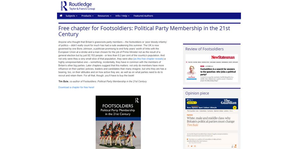 Rout_PoliticsIR's tweet photo. Learn more about how representative the UK’s political parties are in Footsoldiers: Political Party Membership in the 21st Century. Download your free chapter here https://t.co/LyHEs3HjR4 https://t.co/787u6AaWFE