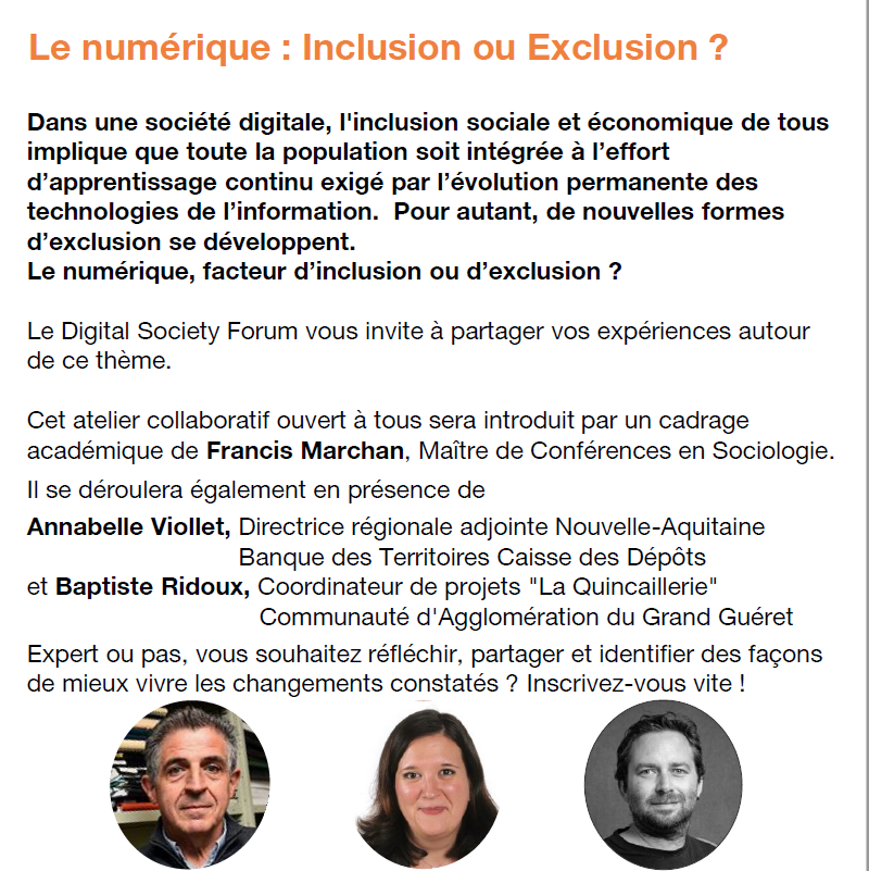 #SUPPORT : Le Digital Society Forum c'est un atelier participatif par Orange &amp; pour la 1ère fois en #Limousin sur le thème "Le #Numérique, inclusion ou exclusion ?"
🗓️ Rendez-vous jeudi 17/10 à 18h, salle Augustoritum à #Limoges
🔗Gratuit sur inscription : urlz.fr/aC3P