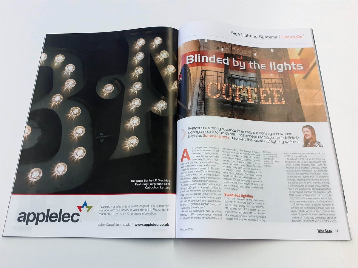 Applelec's tweet photo. Thanks @signlink for the inclusion in the Sign Lighting Systems feature. Another great issue! Take a look at our LED illuminated letter range for some inspiration: https://t.co/yYLc6tEf1i #LED #LEDletters #lettermaking #madeintheuk https://t.co/NiAipQZOd7
