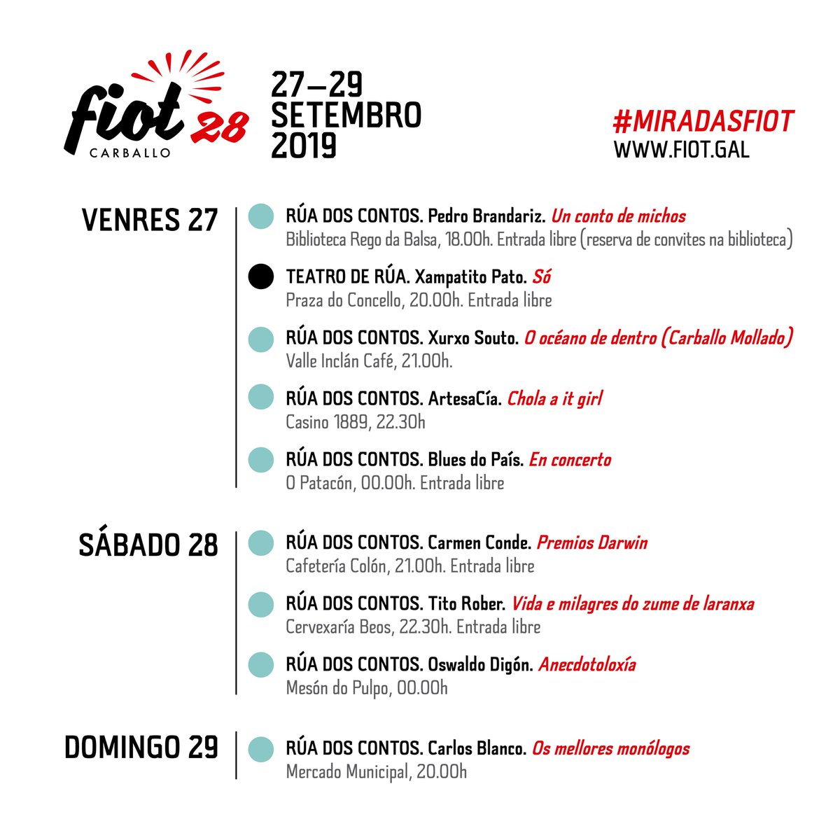 Este venres 27 de setembro comeza o #FIOT28! Xa o tes anotado na axenda?🥳
 📷Aquí tes todas as propostas desta finde. 
👉Teremos #TeatrodeRúa con Xampatito Pato e moitos espectáculos de #RúadosContos. 
📲Máis detalles ➡️ fiot.gal/programacion/
#MIRADASFIOT