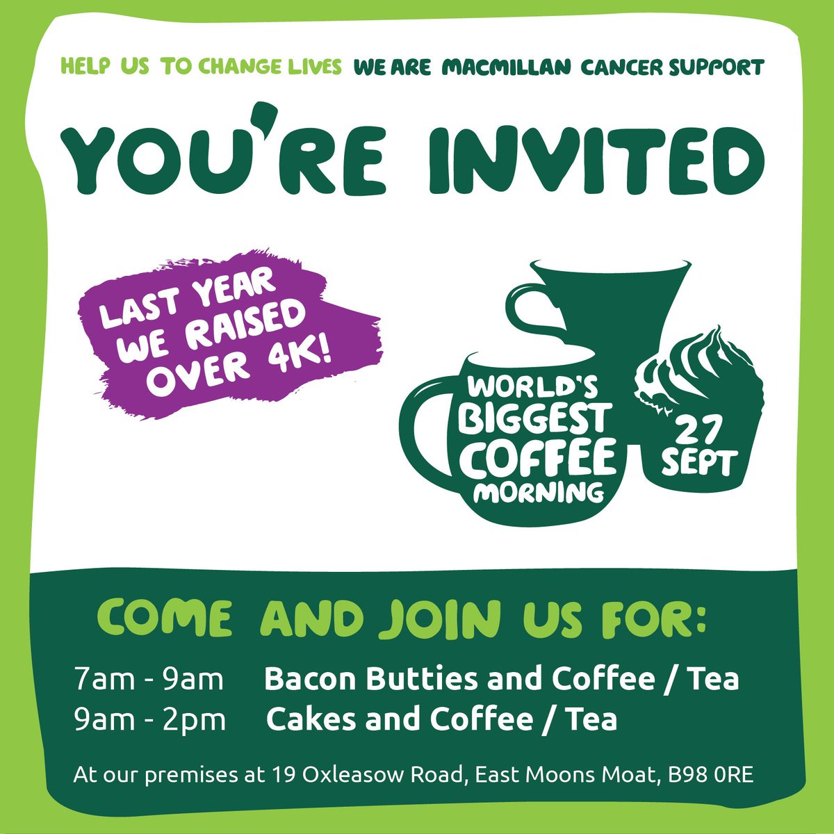 This Friday here at Sign Specialists in Redditch (B98 ORE) we're hosting a Macmillan Coffee Morning raising funds for the charity. Come along and join us for some Tombola and Raffle, or simply pop by for some tasty treats! #macmillancancersupport #charityevent #CoffeeMorning