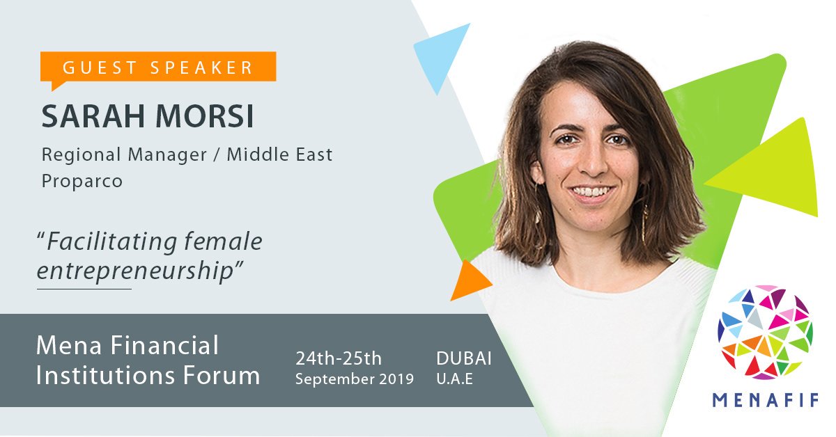Proparco's tweet photo. Our Regional Director Sarah Morsi is speaking at #MENAFIF2019 detailing how Proparco is promoting female entrepreneurship, in particular through the #2XChallenge. Together w/ 11 other DFIs, we are committed to mobilizing more than $3Bn by 2020 towards investments benefiting women https://t.co/0D6AbCLN2q
