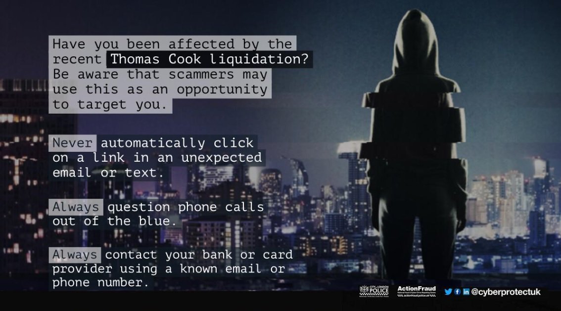 #FifeAlert:

Criminals may use the Thomas Cook liquidation as an opportunity to target customers with requests for personal or financial details.

Always be wary of any unsolicited text messages or calls! 🧐💷💳

For advice and tips, click: ow.ly/paN050wq4BU