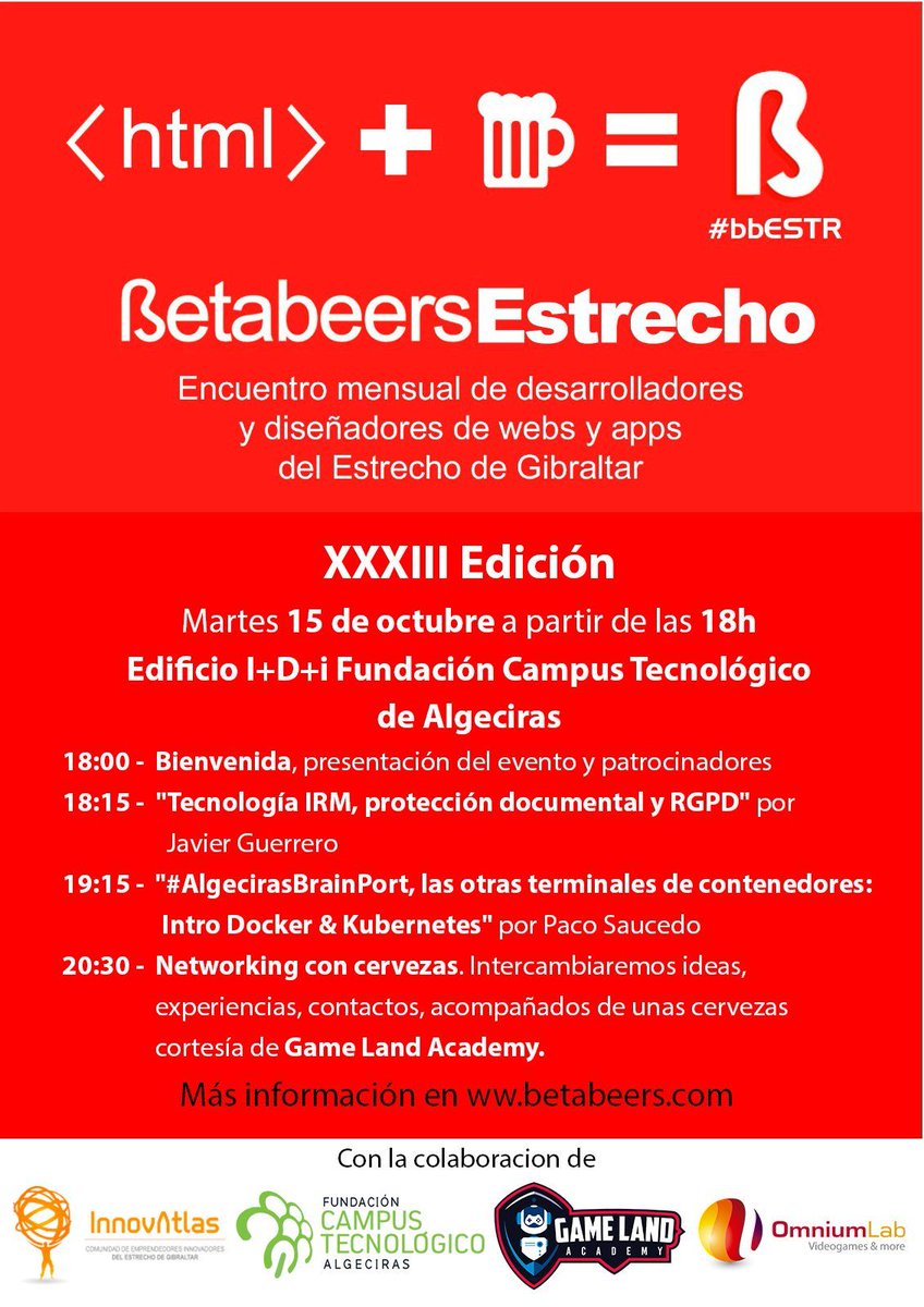 betabeers's tweet photo. El próximo 15 de octubre @betabeersESTR en @FCTAlgeciras
* Tecnologías IRM para la gestión de la documentos y GDPR
* Contenedores Dokcer y Kubernetes
https://t.co/VfMVQG1d3v
#bbESTR https://t.co/3VjCtp5gFX