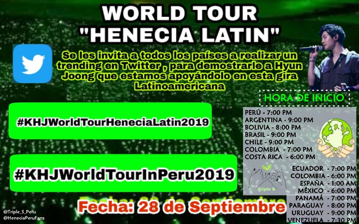 Triple_S_Peru's tweet photo. 【#WORLDPROJECT】KIM HYUN JOONG WORLD TOUR IN PERU 2019 👽💚👽 / SEAMOS TENDENCIA !!
🌏 Todos son invitados a participar de este proyecto global...
📢 UTILIZAREMOS ESTE HASHTAG A NIVEL MUNDIAL📢
#KHJWorldTourHeneciaLatin2019

🇵🇪 POR PERÚ : #KHJWorldTourINPeru2019 https://t.co/EniXnRXebY
