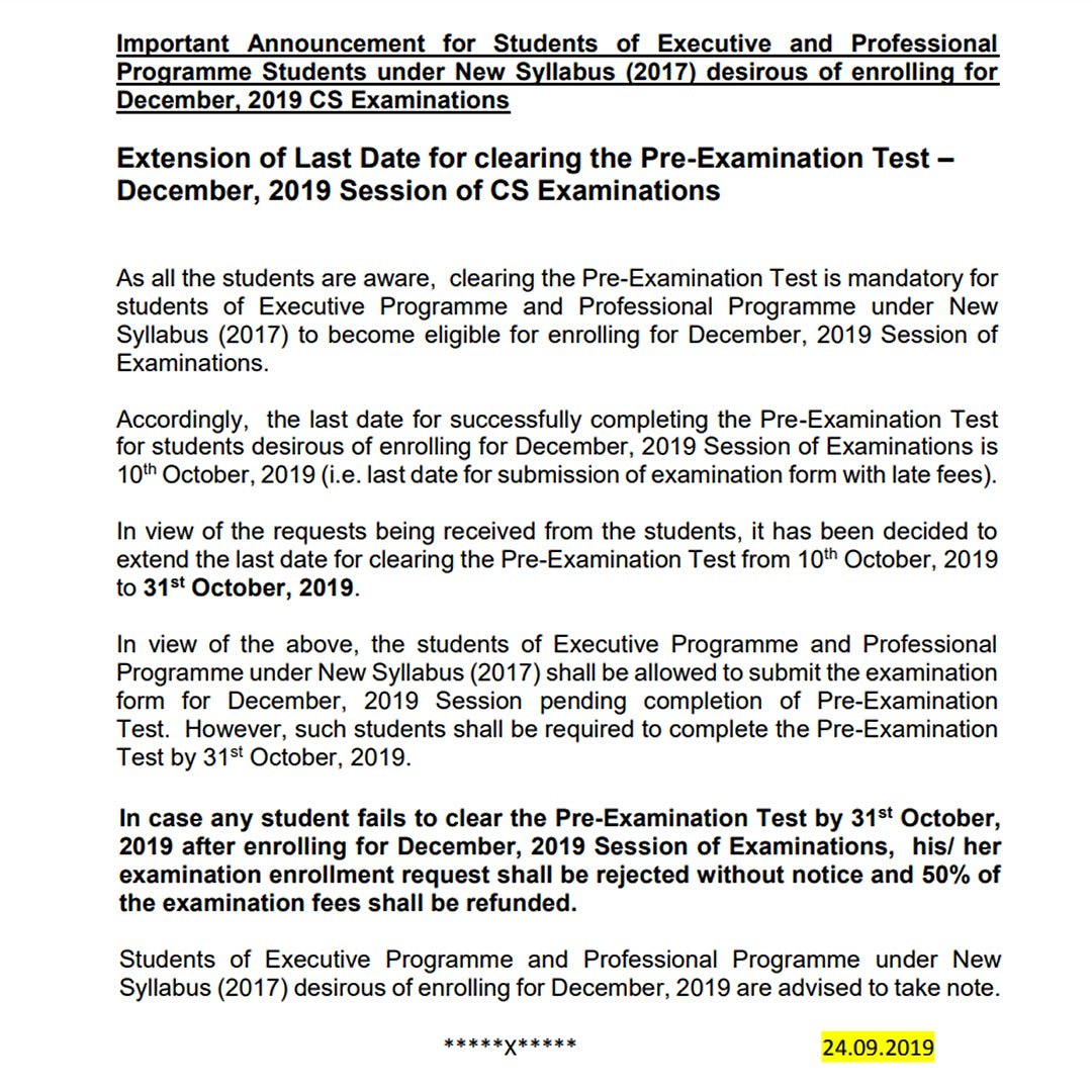 igpclasses's tweet photo. #Important_Announcement
for Students of #CS_Executive and #CS_Professional Programme #Students Under New Syllabus (2017) desirous of Enrolling for December, 2019 #CS_Examinations
#CSStudents #ICSI #ICAI #CA #CS #CMA #FM #SFM #ECO #CAashishkalra #igpclasses #igpinstitute https://t.co/ZOMRELmVh3