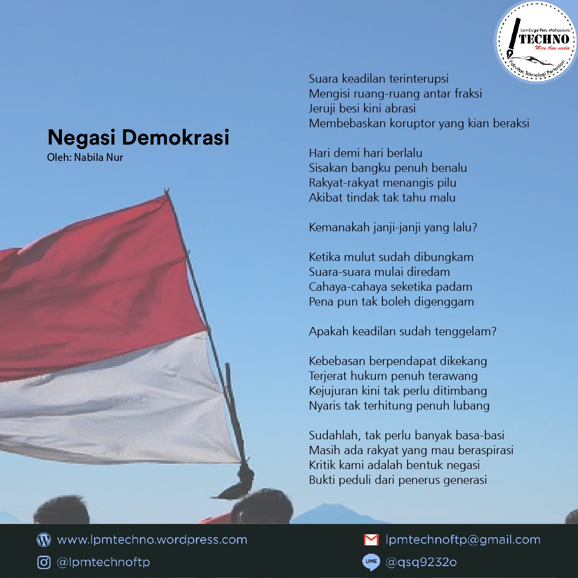 [NEGASI DEMOKRASI]

Jika memang ini negara demokrasi, izinkan kami bebas berekspresi.

Salam Persma!

#DaruratDemokrasi
#ReformasiDikorupsi
#RakyatBergerak
#SudahiKebiriDemokrasi