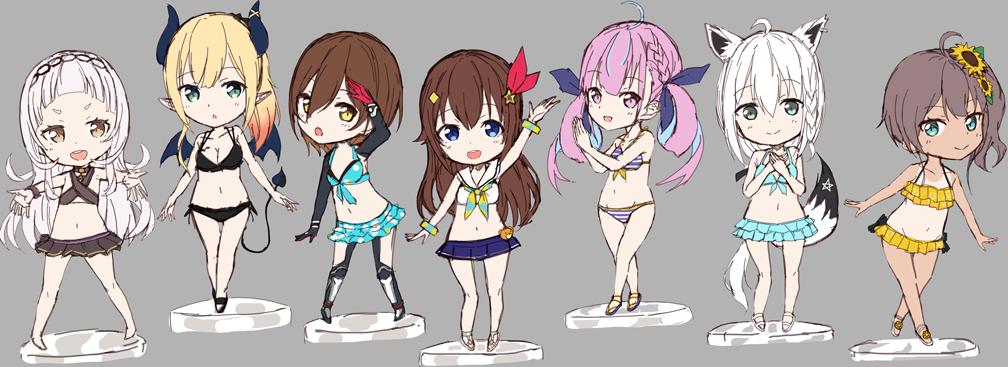 湊あくあ ,紫咲シオン ,夏色まつり ,ロボ子さん ,白上フブキ ,ときのそら ,癒月ちょこ 「ホロライブサマーのこういうアクスタ欲しい
sssの並びとかで飾りたい 」|こんきとのイラスト