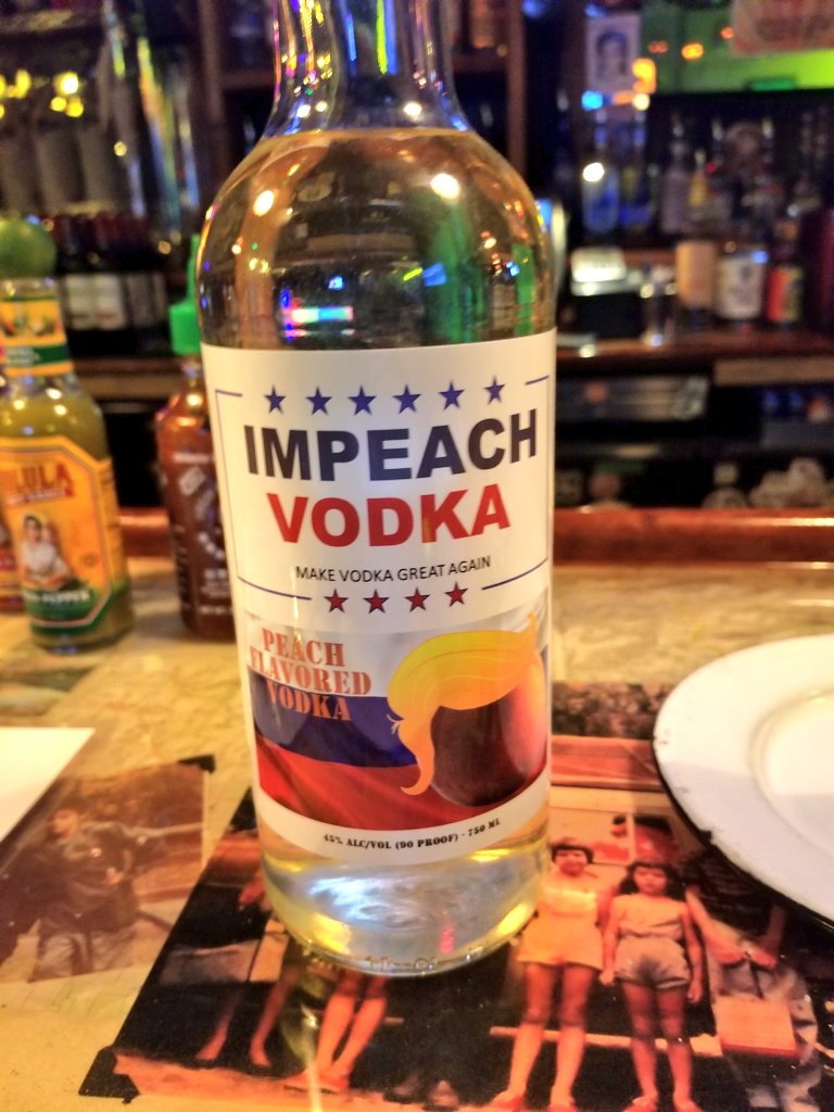 TimRunsHisMouth's tweet photo. Impeachment is such a stupid game that no one believes in anymore that there's a themed vodka for it now. https://t.co/zgRUyaocrW