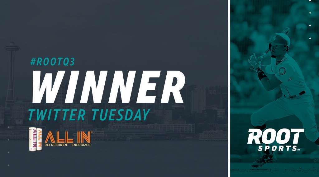 ROOTSPORTS_NW's tweet photo. And the lucky winner for our last case of @DrinkAllin of season is... @WickeTyler! Congratulations for being our #ROOTQ3 winner. Kyle Lewis lead off for the Mariners in the bottom of the seventh. https://t.co/aJbaJD4qQa
