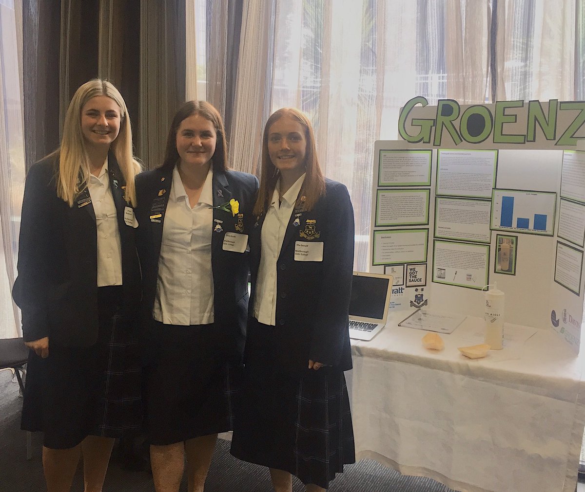 royalsocietynz's tweet photo. Olivia, Olivia & Ella from Malborough Girls’ College have brought forth a saucy creation - vegan aioli! An environmentally conscious condiment that everyone can enjoy 🍔 #CREST #NZIFST #FoodInnovation https://t.co/tGb8wjgPKi