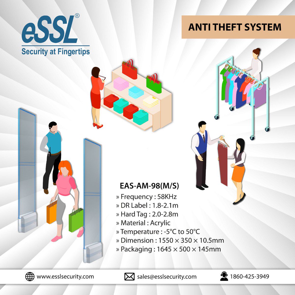 eSSLbangalore's tweet image. It is safer to be proactive and install an Anti-theft System like EAS-AM-98 (M&S) to avoid shoplifting cases and ensure profitable earnings.
Visit esslsecurity.com/contactus for more details
#anti_theft #sensitivity #DSPTechnology #AMTags #labels #hardtag #biometrics #essl #security