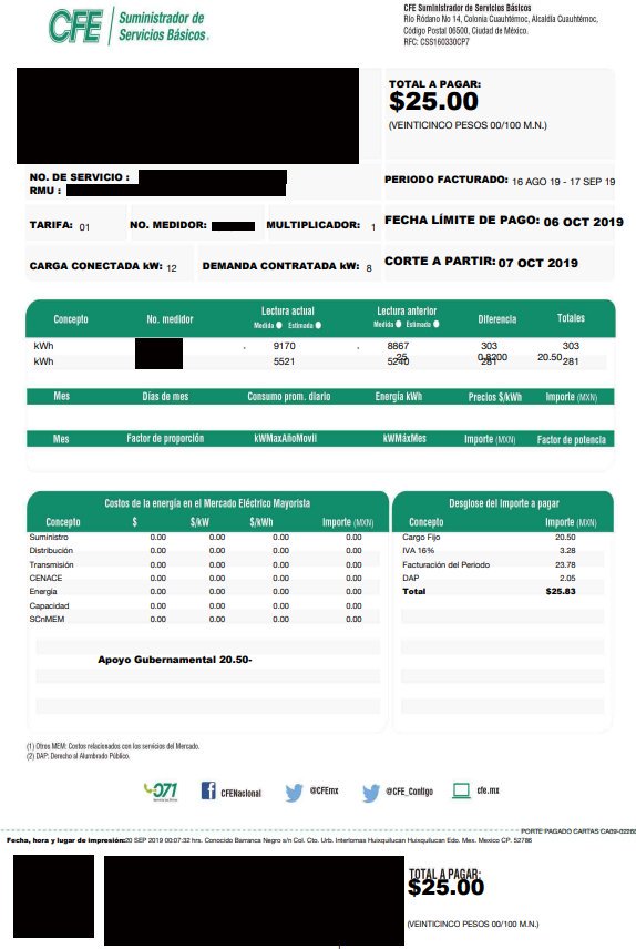 Y llegó el recibo de CFE de Septiembre de 2019...
Otro de sólo $25 pesitos mexicanos.
La maravilla de los paneles solares, un gran ahorro de dinero mes a mes y energia limpia
¿Quieres pagar lo mismo?

PiensaSolar.com #PiensaSolar
