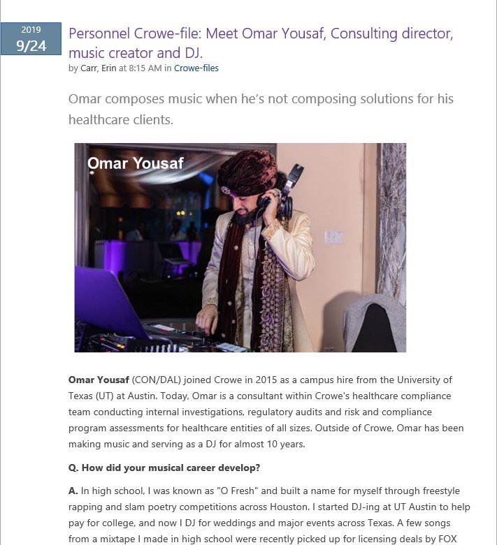 djofresh's tweet photo. BIGG shout out to my company Crowe - the 9th Largest Professional Services Firm in the World - for showing me some major lovee today on our company homepage &amp; continuing to support people of all backgrounds! 🎶 

#GoCrowe #refreshSXSW https://t.co/ridZeK3nuf
