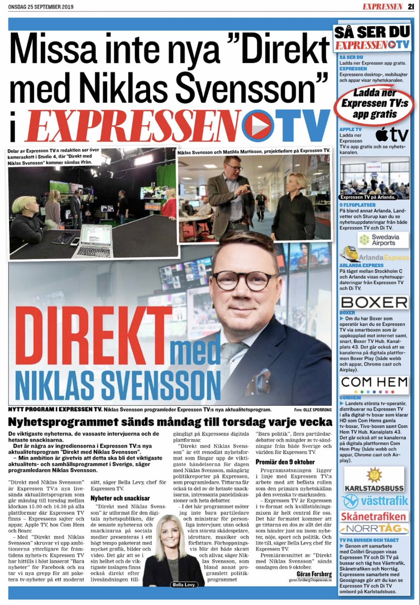 Expressen i dag - om mitt nya tv-program ”Direkt med Niklas Svensson” som har premiär den 9 oktober. 
expressen.se/nyheter/direkt…