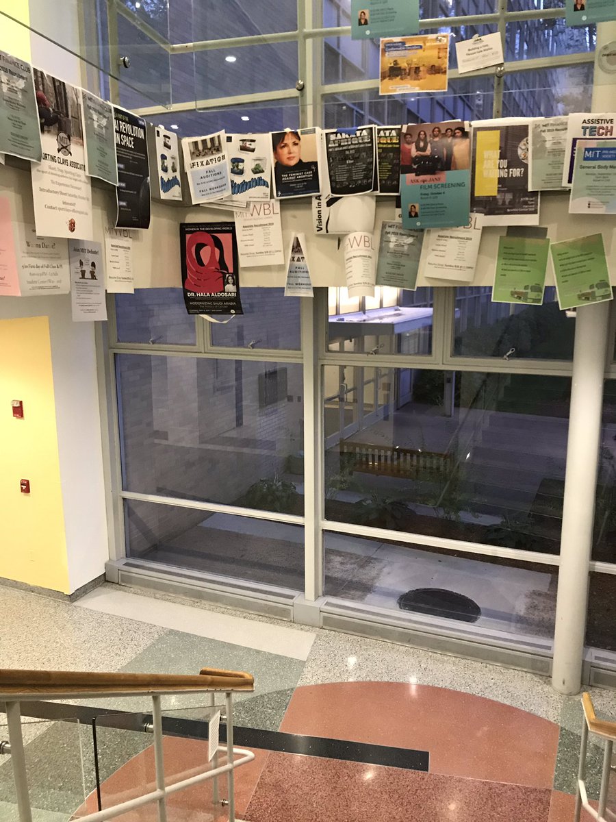 shu4603's tweet image. The foundation of the upper floor has been repurposed as a place to hang posters. It’s right at eye level as you walk down the stairs, too! How creative. #modernsystem Follow up question: if this wasn’t MIT, would there still be posters like this here?