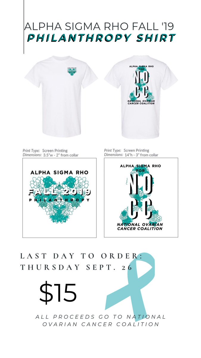 utsaasr's tweet photo. Support our philanthropy, National Ovarian Cancer Coalition by purchasing a shirt. ALL proceeds will be going towards NOCC!
Deadline to order: 09/26/19 10PM
$15
https://t.co/g2DKuPB3Jh https://t.co/Te7v4FwscY