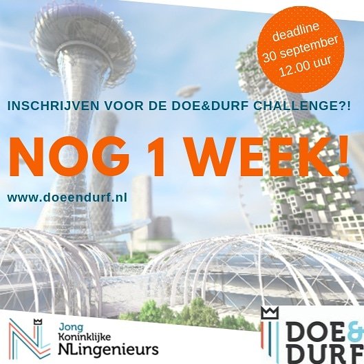 Het aftellen is begonnen! Nog precies 1 week voordat de eerste #DoeEnDurf workshop van start gaat. Dit is jouw laatste kans om mee te strijden voor die finaleplek op het congres de #DeIngenieuzeStad. Geef je op vóór 30 september: doeendurf.nl 
#innovatie #ingenieur
