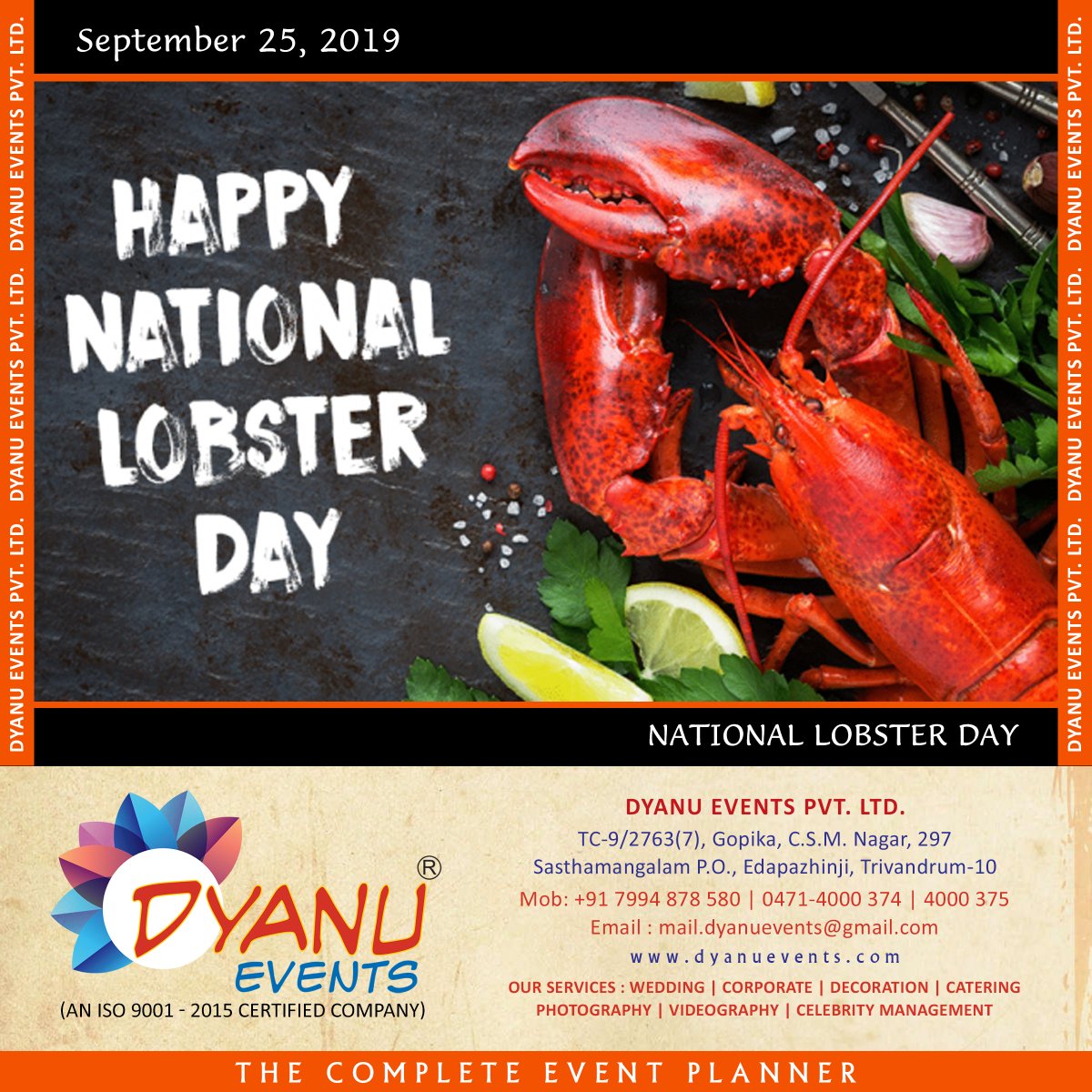 dyanu_e's tweet photo. National Lobster Day on September 25th takes a taste of a seafood favorite. In colonial times, the lobster received very little culinary credit.
Call us on📲 0471 - 4000 374 /+91 7994 878 580
#Dyanuevents #trending #eventplanners #marriagefunctions #trivandrum #trendsetters https://t.co/Qi6JWyLcOG