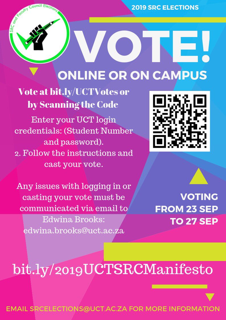 CImmenga's tweet photo. It’s time to vote for your 2019/20 SRC! Make your mark at https://t.co/FhMmvqLt98 #uct #uctsrc #VukaUCTVote #uctstudent #uctstudentlife @UCTSRCElections @UCT_SRC @UCT_news #srcelections #src #vote #student #studentleaders https://t.co/8VVfJNiI0W