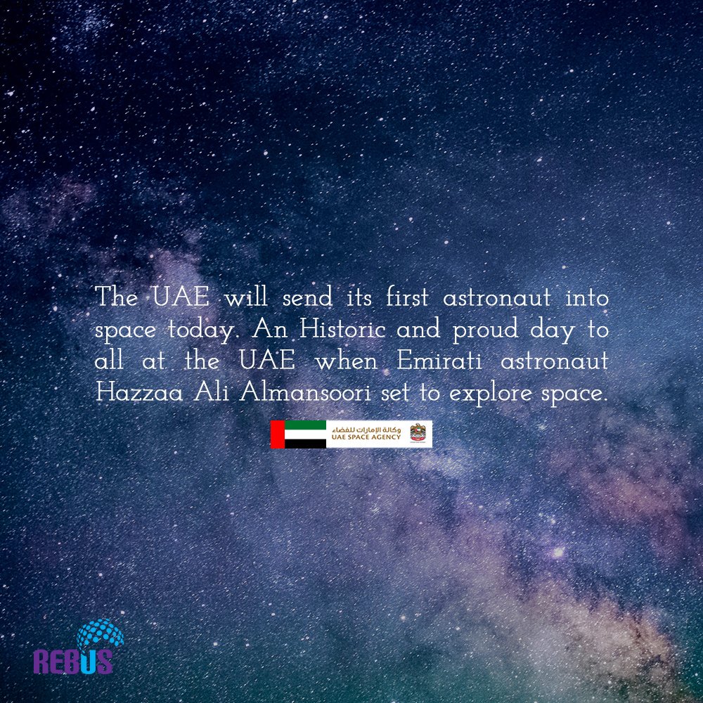 Rebus1996's tweet photo. The UAE will send its first astronaut into space today. An Historic and proud day to all at the UAE when Emirati astronaut Hazzaa Ali Almansoori set to explore space.
#UAEinSpace #UAE_Astronauts #uaespaceagency #Dubai #Rebus https://t.co/QMDQDCkrFp