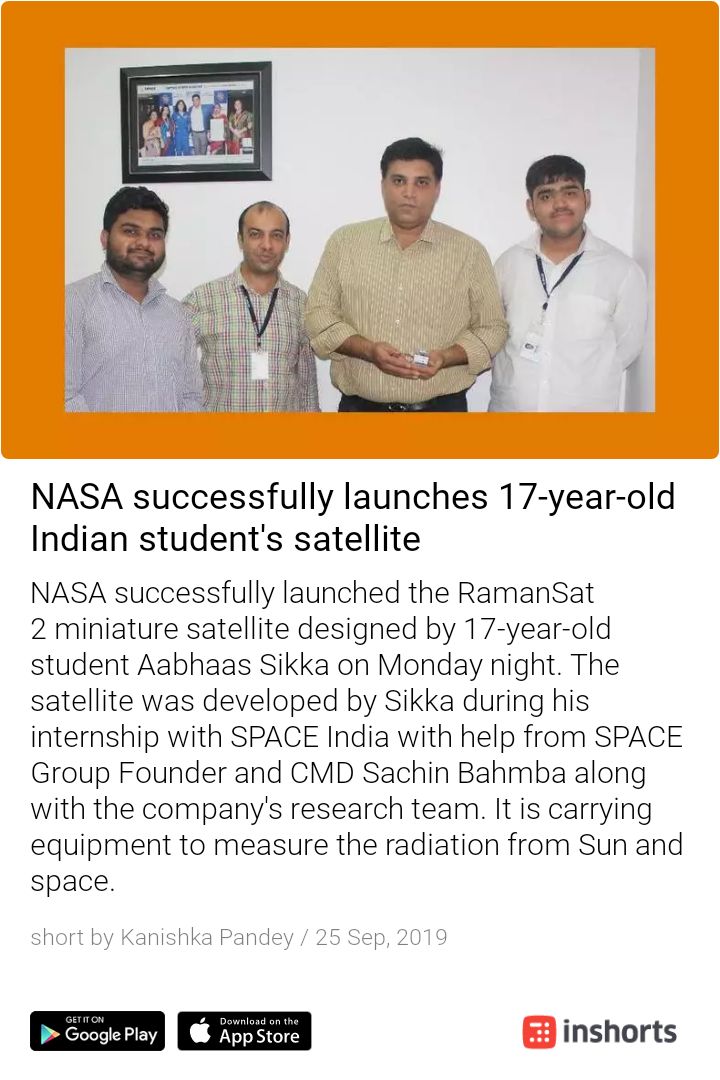 SourabhTakia's tweet photo. NASA successfully launches 17-year-old Indian student's satellite
https://t.co/fvdqXfw7HK
-via inshorts https://t.co/z5IC2RrDcj