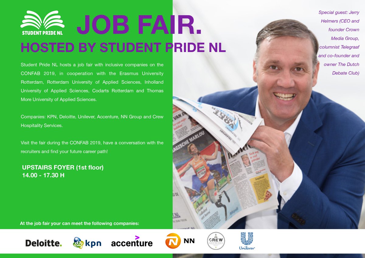 CMvanderPutten's tweet photo. Bij #CONFAB2019 op 27 september zijn KPN, Deloitte, Unilever, Accenture, NN Group & Crew Hospitality Services aanwezig op de job fair. Special guest: @JerryHelmers (Crown Media Group en columnist Telegraaf). Inschrijven via https://t.co/MWdbvTz7fu. #StudentPrideNL #RotterdamPride https://t.co/caZYbN3gPp