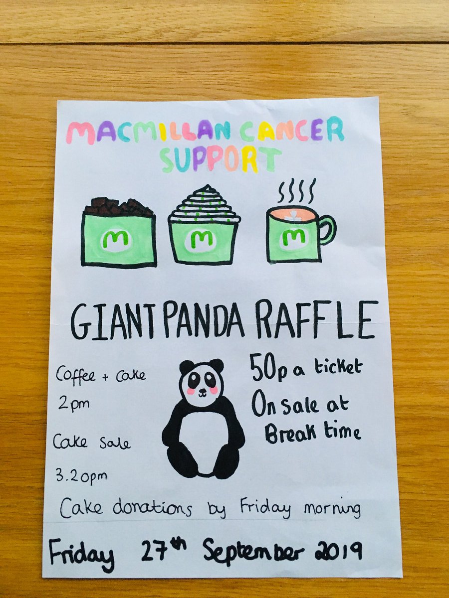 RRHartfordManor's tweet photo. Raffle tickets on sale today at playtime. 50p a ticket to win a giant panda πΌ #macmillancoffeeafternoon #coffeeandcake #afterschoolcakesale #donateacake #buyacake βΊοΈ @hartfordhead @HMdeputy https://t.co/xiI49rOdu2