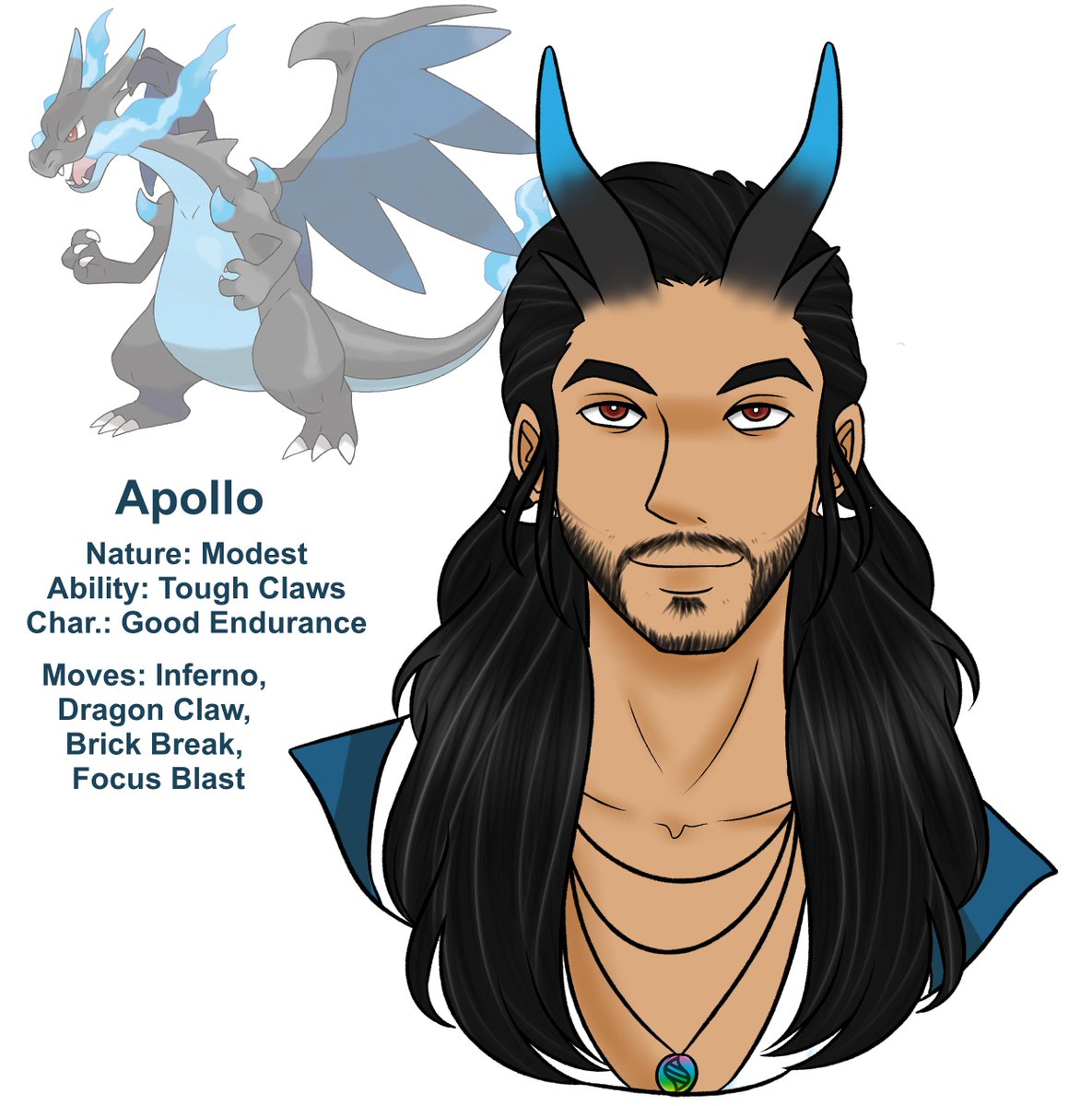 2. Apollo, Mega Charizard X gijinka. One of the biggest bads in my gijinka verse, he looks zen as fuck but he will beat the shit out of you and not break a sweat. He's honestly kind of awful, you can bone him but you should not date him