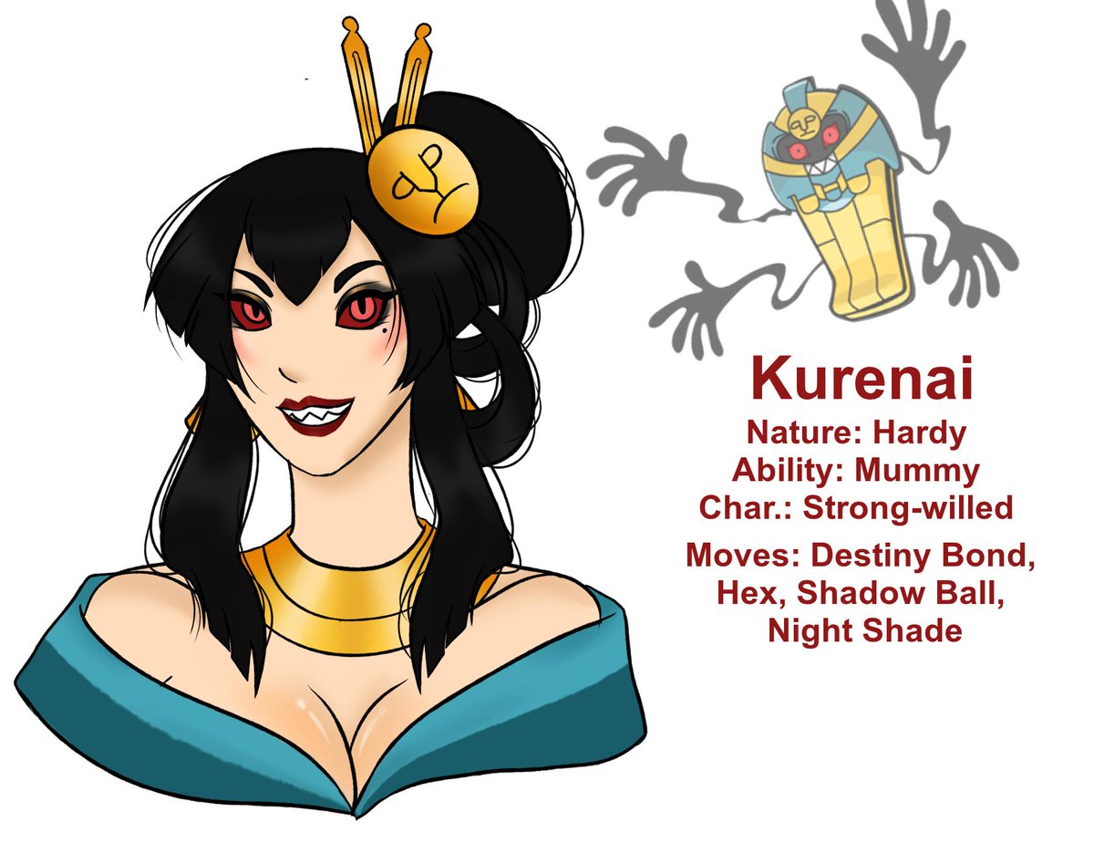 5. Kurenai, Cofagrigus gijinka. Leader of a Ghost-type crime fam. Hates men! Loves the ladies, especially if they're cute and she can dote on them. Exudes big sister energy and is very high maintenance.